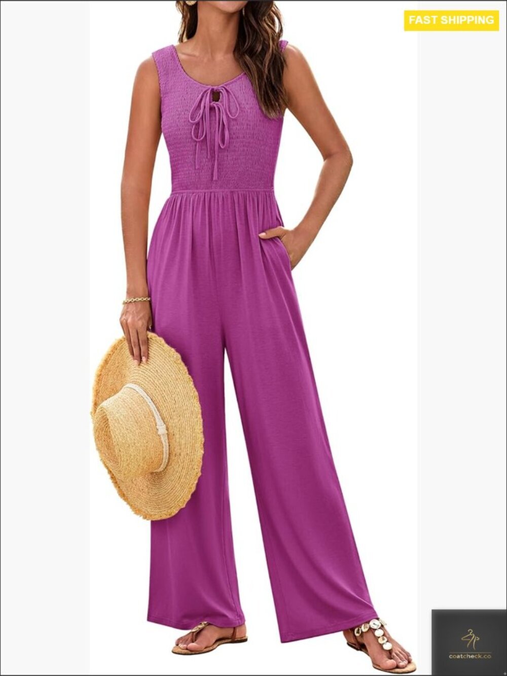 Sleeveless Jumpsuit with Bow Tie Front Smocked Top Wide Leg Pockets Casual